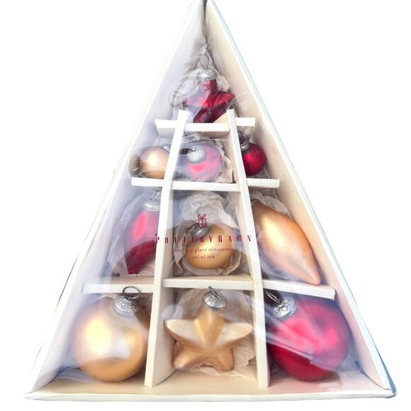 Pottery Barn Mercury Glass Ornaments Kugel Style Red Gold Ball Star 10pc Set - Picture 6 of 6